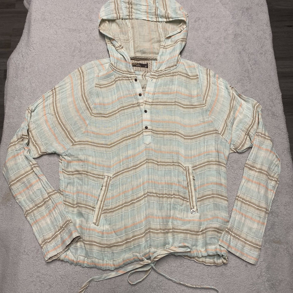 Prana Baja Popover Hoodie Womens Medium Striped Outdoors Organic Cotton